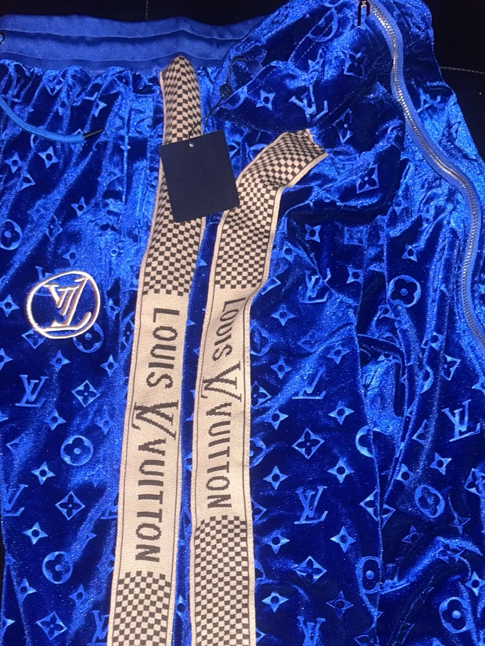 Louis Vuitton Royal Blue Velvet jacket with Beige Logo Drawstrings